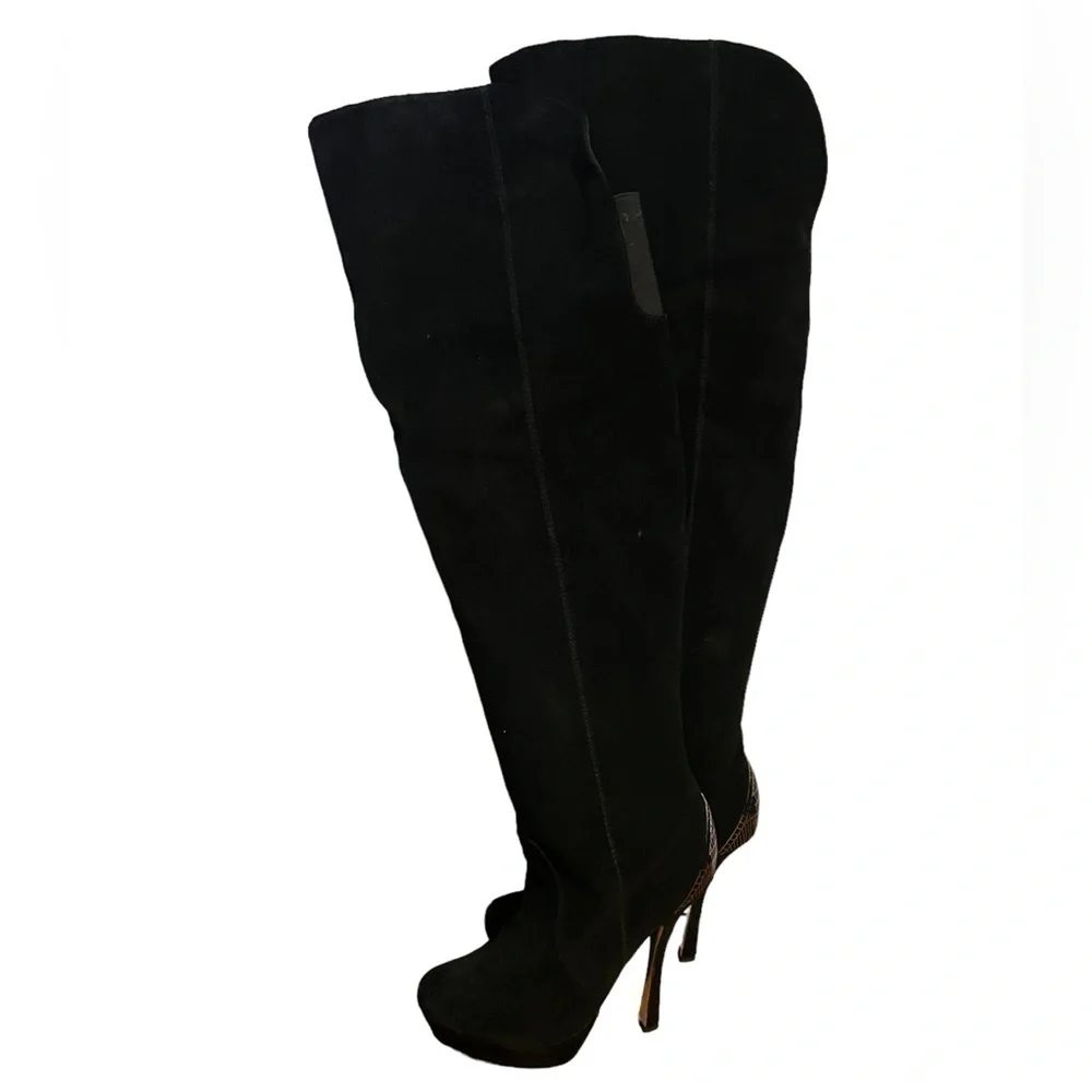 H by Halston Vintage Black Leather Suede over the Knee Platform Heel Boots 7.5